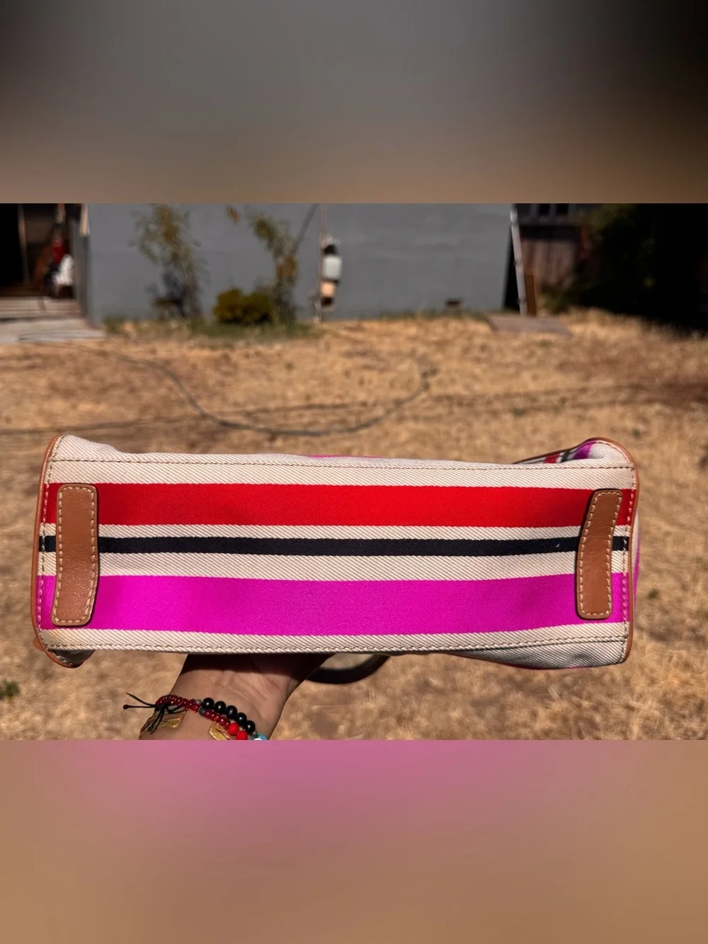 kate spade Striped Canvas Satchel in Pink, Red, Black & Cream